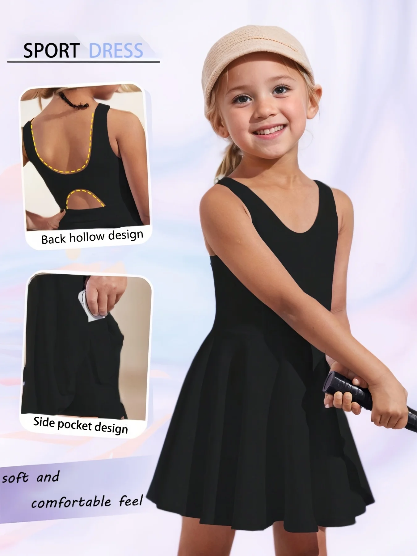 Girls Hollow Back Sleeveless Sports Dress, Built-in Shorts with Pockets for Tennis Cycling Outdoor Daily Kids Quick Drying