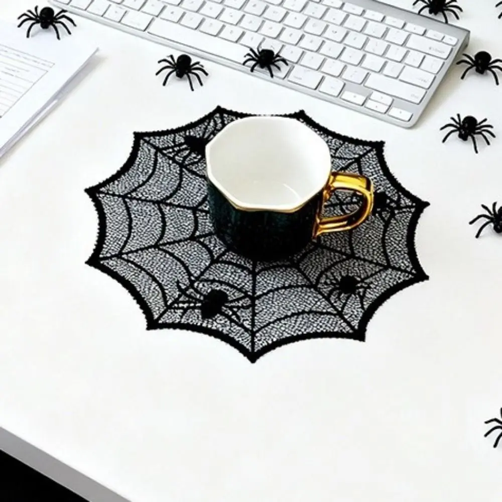 Decorative 30cm Spider Web Placemats Hollow Out Heat Insulation Spider Web Table Mat Polyester Halloween Placemats for Home