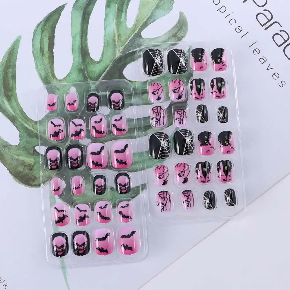 เล็บปลอมลายการ์ตูนเด็ก ลายพังก์ ลายใยแมงมุม สำหรับฮาโลวีน ติดง่าย ตกแต่งเล็บ
