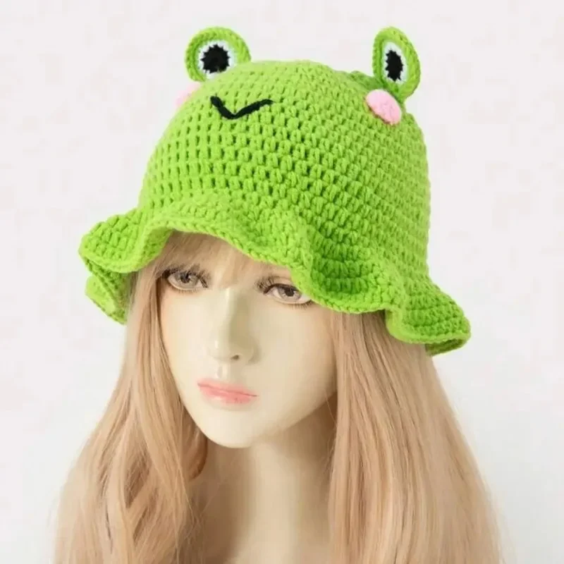 Cute Women'S Hand Woven Frog Hat Fashionable Ruffled Pullover Hat Hip-Hop Role-Playing And Daily Casual Fisherman Hat