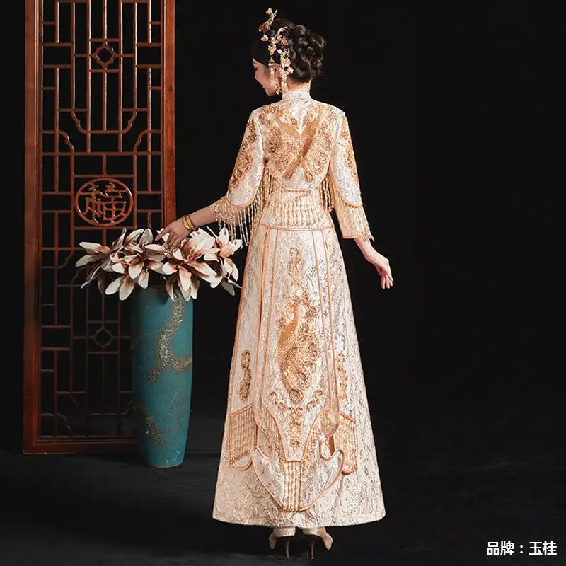 DY2 Chinese bridal gown wedding dress Xiuhe female golden show kimono temperament