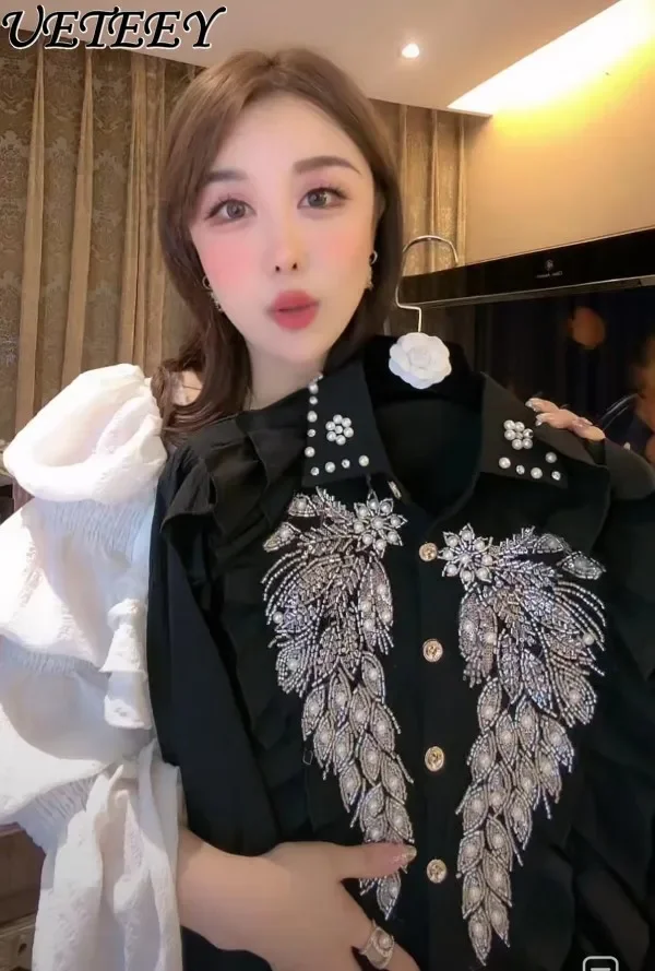 Fall 2023 New Design Blouse Top Heavy Industry Beads Sequined Wings Long Sleeve Shirt Women Ruffles Stitching Blusas Femininas