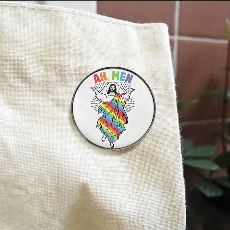 Ah, Men Enamel Badge Rainbow Jesus Pin Creative Quote Brooch For Bag Lapel Jacket Fashion Accessory Special Gift For Believer