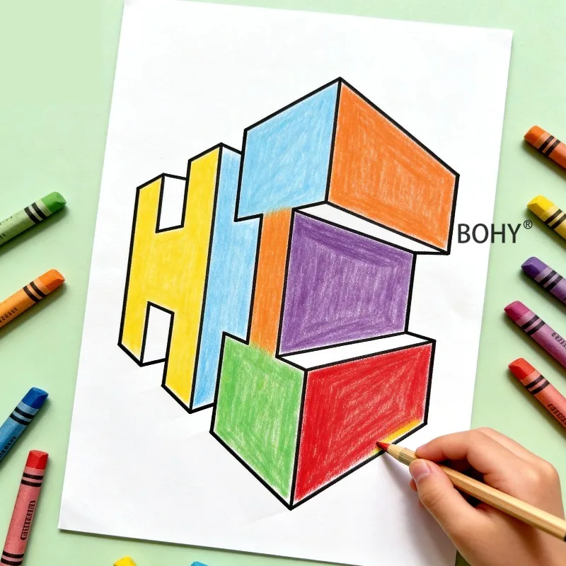 1 Loose Leaf Sketchbook of Geometric Three-dimensional Copying and Coloring 16 Pages Illustration Perspective Technique Practice