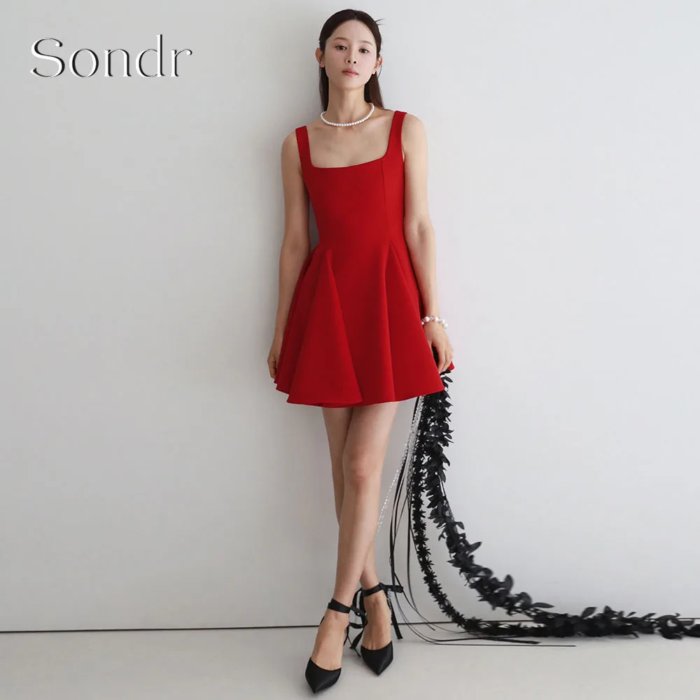 Sondr Customized Vintage Red A-line Mini Korean Prom Gown Square Collar Satin Pleat Wedding Snap Dress Party Dress
