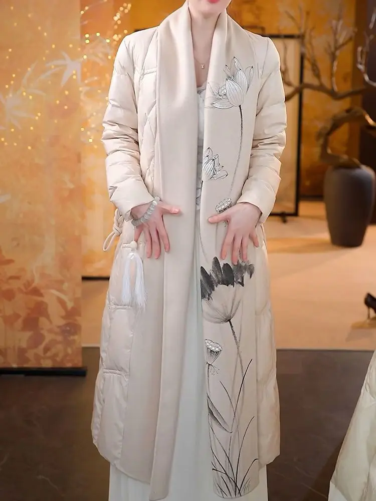 Chinese stijl dikke warme donsjas 2025, herfst winter nieuwe mode elegante lange jas