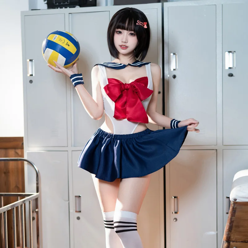 LISM-Conjunto de lencería Sexy de marinero para mujer, mono azul marino blanco transparente + minifalda con lazo rojo, traje erótico de juego de rol