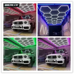 Blauw Gekleurd Frame Zeshoek Led Garage Licht Plafondlampbuizen Voor Auto Detaillering Carrosserie Reparatie Workshop Gaming Wandpanelen