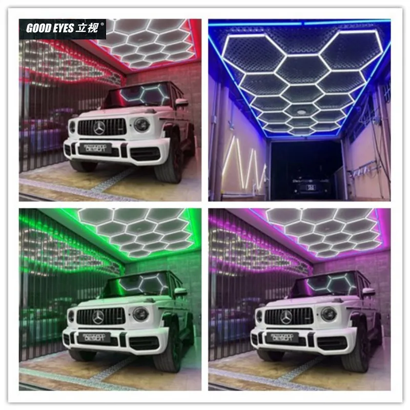 tubos led hexagon teto lampada moldura colorida azul garagem luz detalhamento automatico reparacao corporal do carro oficina gaming paineis de parede 01