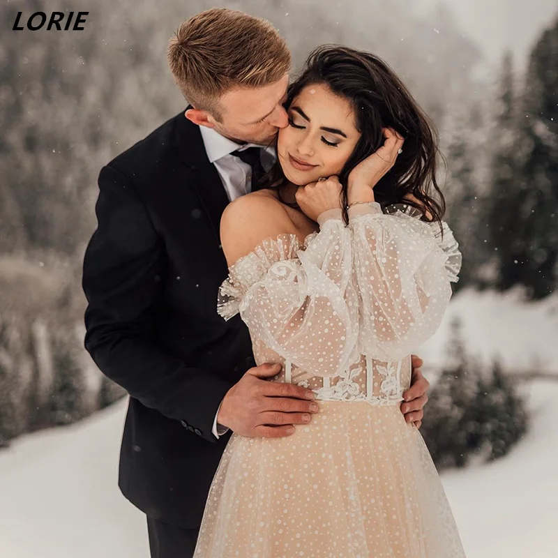 

LORIE Sexy Dot Off Shoulder Wedding Dresses Backless Strapless A-Line Bridal Gowns With Detachable Long Sleeves Bride Dress