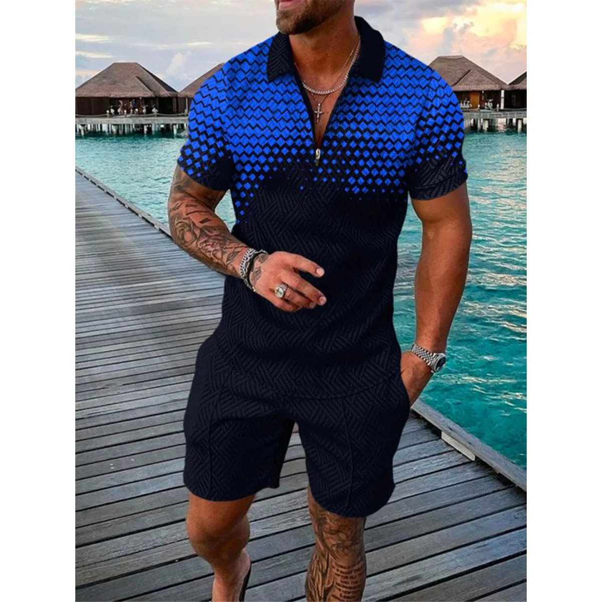 2023 Summer Men\'s Polo Shirt Suit Beach Short Sleeve Polo Shirt Sets+ Shorts 3D Print Stripe POLO Outfits Clothing Men Tracksuit