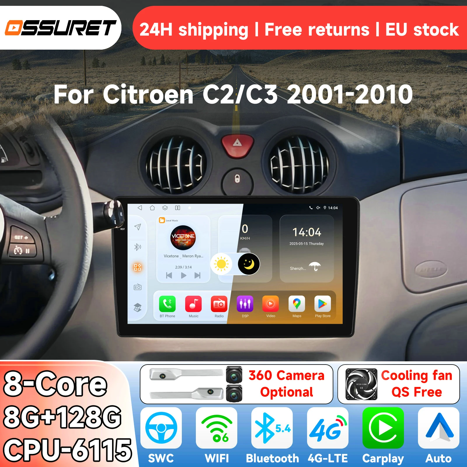 OSSURET Android14 Autoradio per Citroen C2 C3 2001-2010 Sistema Intelligente Carplay Auto Lettore Multimediale Video GPS 4G 6115