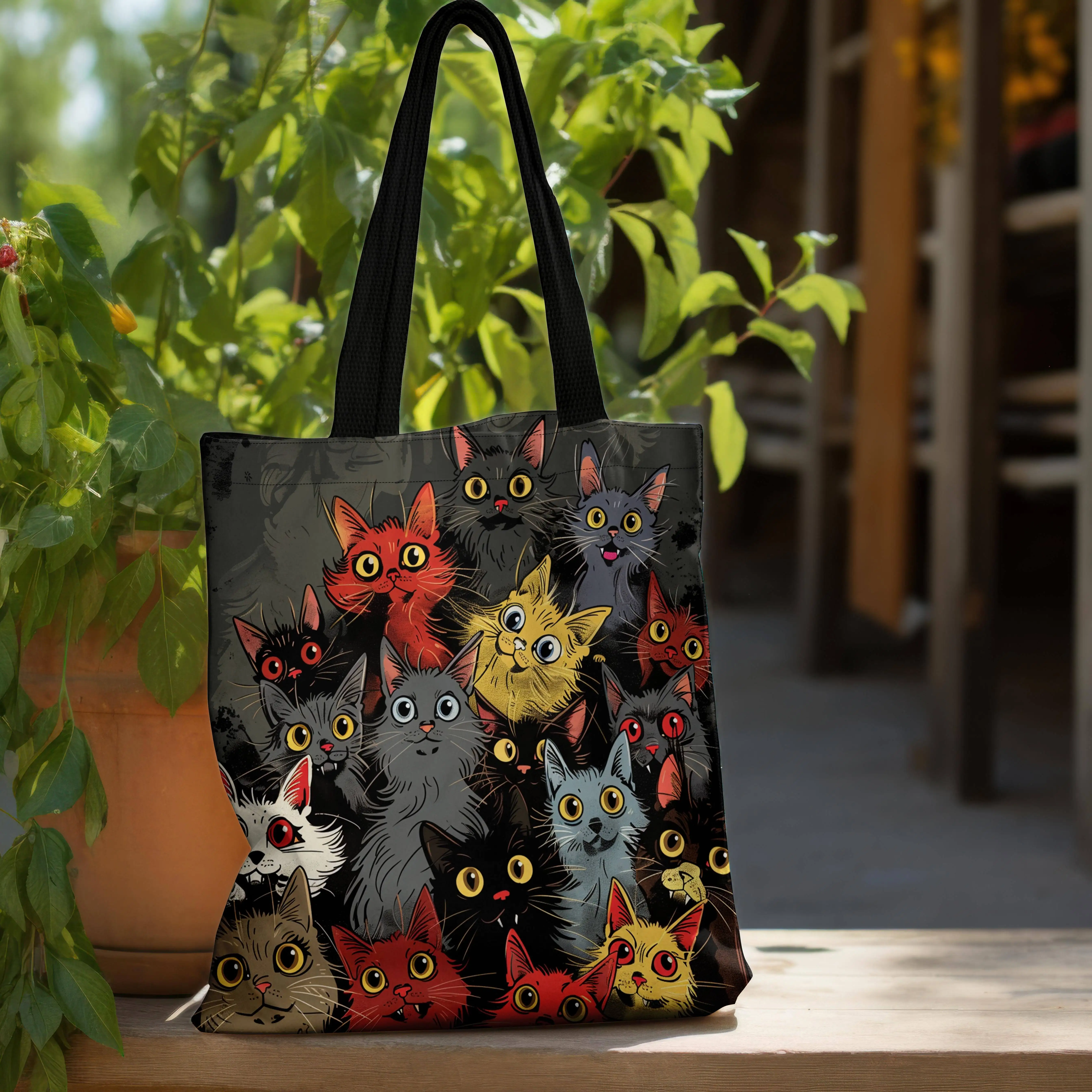 Canvas Tote Bag with Colorful Cat Design Spacious Foldable Shoulder Strap for Shopping & Everyday Use, High-Quality Tote Bags