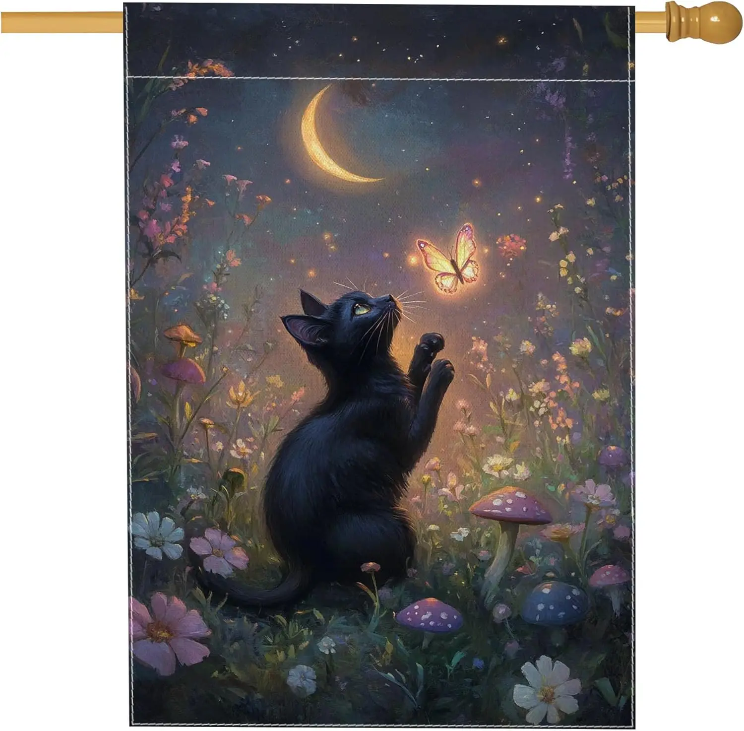 Cat House Flag, Fanciful Fantasy Butterfly Moon Spring Black Burlap Double Sided Outside Large Garden Flag for Outdoor Lawn jjp