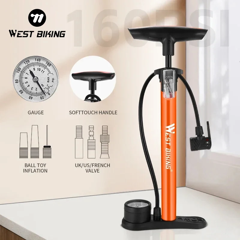 

WEST BIKING 160PSI Bicycle Pump High Pressure MTB Road Bike Tire Inflator With Gauge Schrader Presta Steel Alloy Bike Air Pump