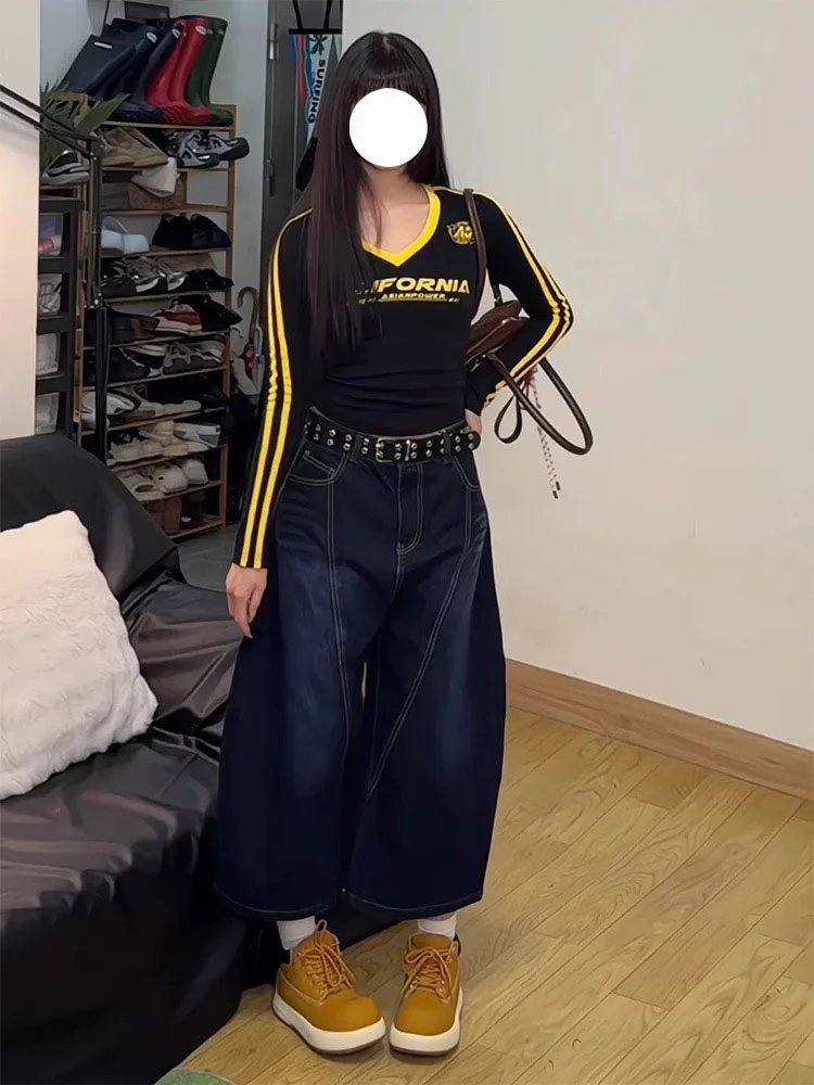 حجم كبير الأمريكية با خياطة الربط سكين الجينز المرأة الخريف جديد واسعة الساق سبعة أقدام orts الدنيم السراويل عالية الخصر