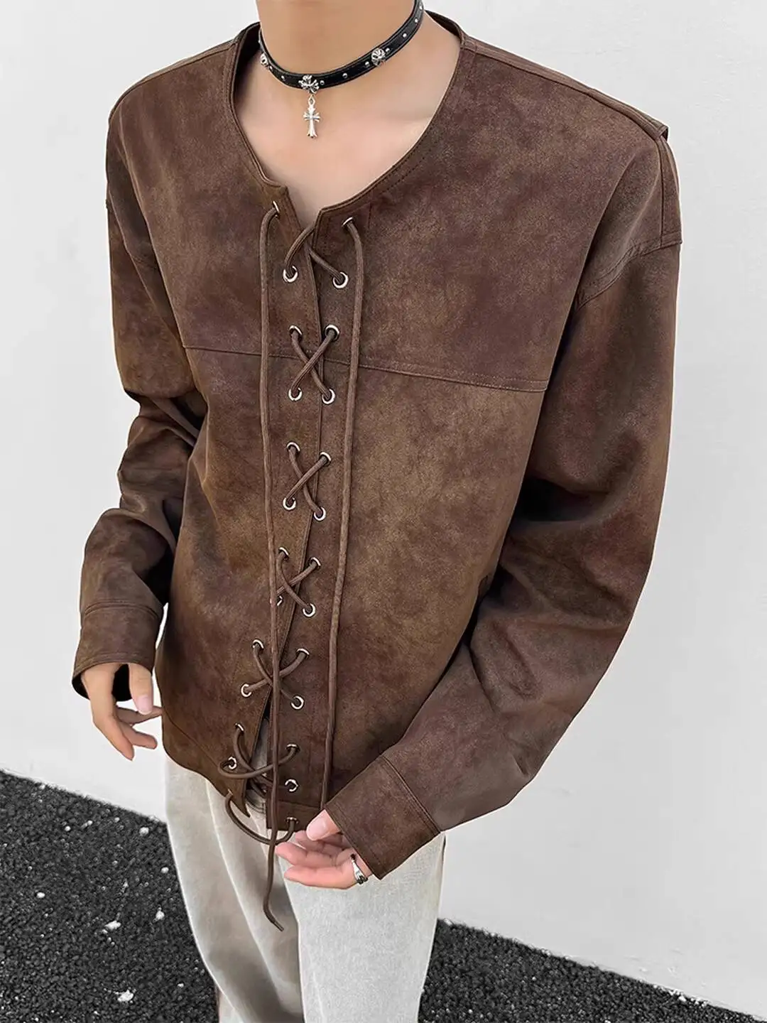 Man T-shirt 2026 Spring Men's Retro Moto Faux Leather Jacket Drawstring Front Open Back Flap Design Casual Stylish Outerwear
