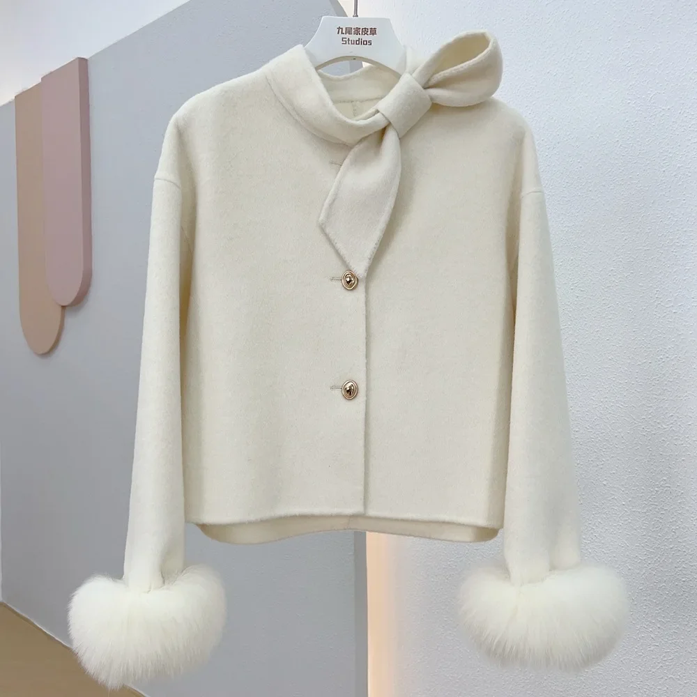 2025 Wool Woolen Women coat fur jacket New Winter Real Natural Fox Fur Cuff Coat Ladies Outwear Female Coat Cashmere Luxury