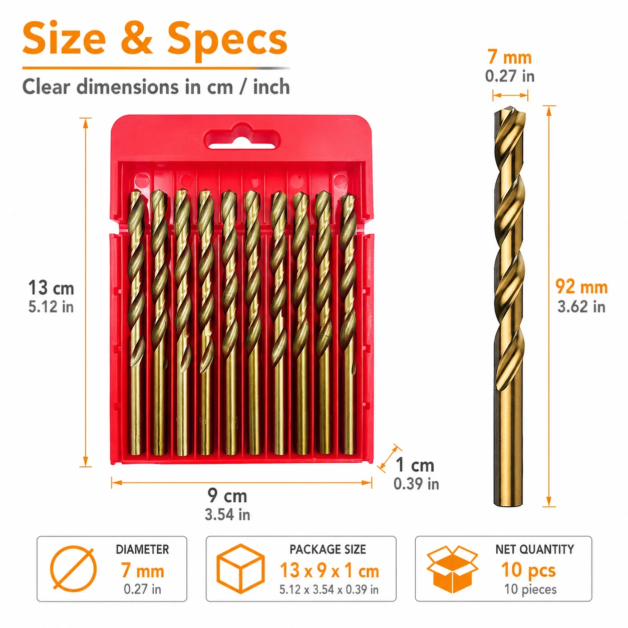 1. Titanium Coated Twist Drill Bits 10Pcs 7mm, Sharp HSS Drill Bit Set for Metal, Wood & Plastic, Portable Storage Box Included