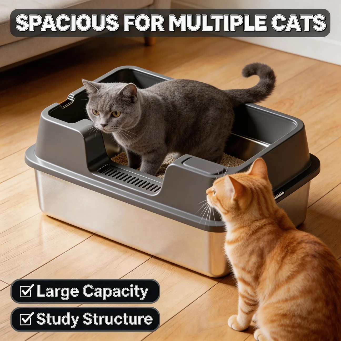 

Stainless Steel Cat Litter Pan Tray XL Metal with Scoop for Big Cat Litter Box High Wall Sides Enclosure Non-Sticky cat toilet