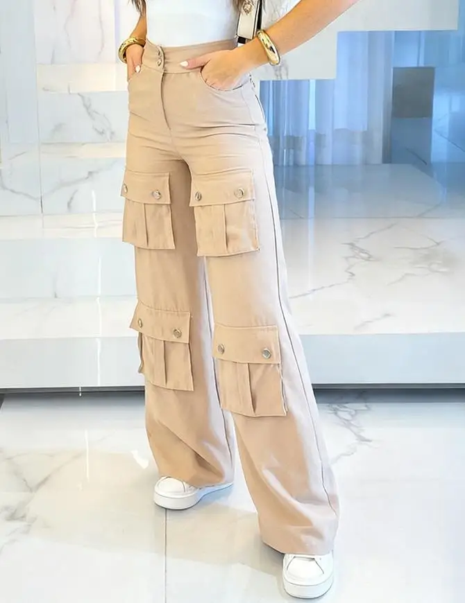 Large Pocket Elastic Waistband Wide Leg Pants Metal Buckle Workwear Comfortable Fit Trousers