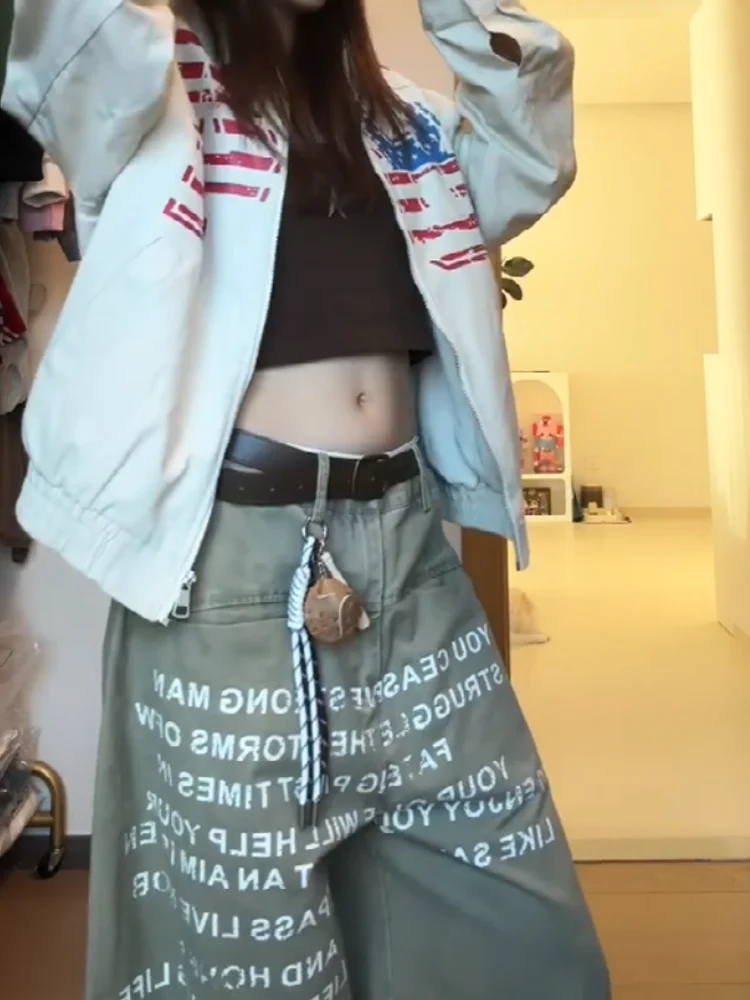 Sweet Cool Spicy American Style Letter Print Wide Leg Loose Fit High Waist Khaki Color Denim Jeans for Women Autumn Season