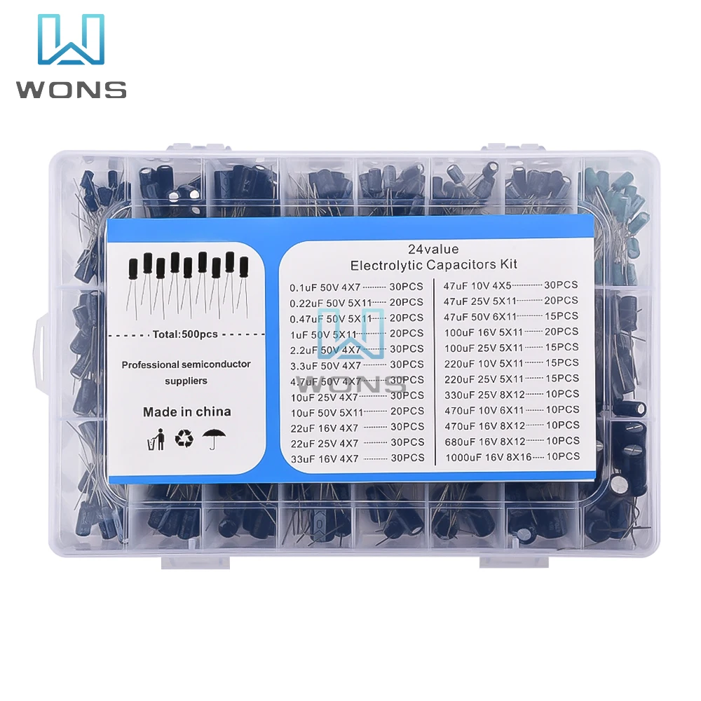 500PCS/lot 0.1UF-1000UF 24Values Aluminum 16-50V Mix Electrolytic Capacitor Assorted Kit And Storage Box 100PCS Capacitance