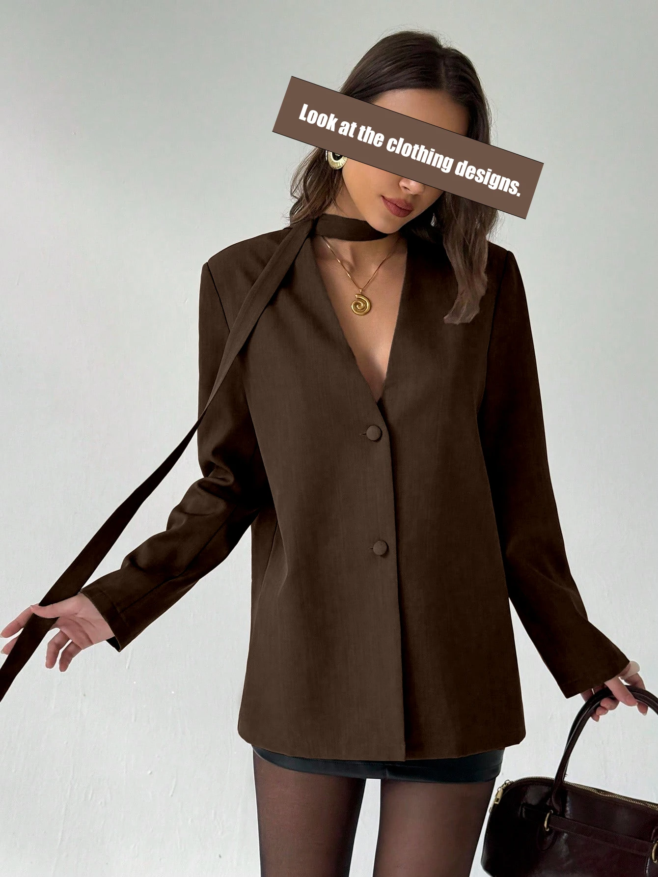 

Women's Halter Sash V-Neck Blazer, Coffee Brown, Loose Double-Breasted, Elegant Commute Suit Top