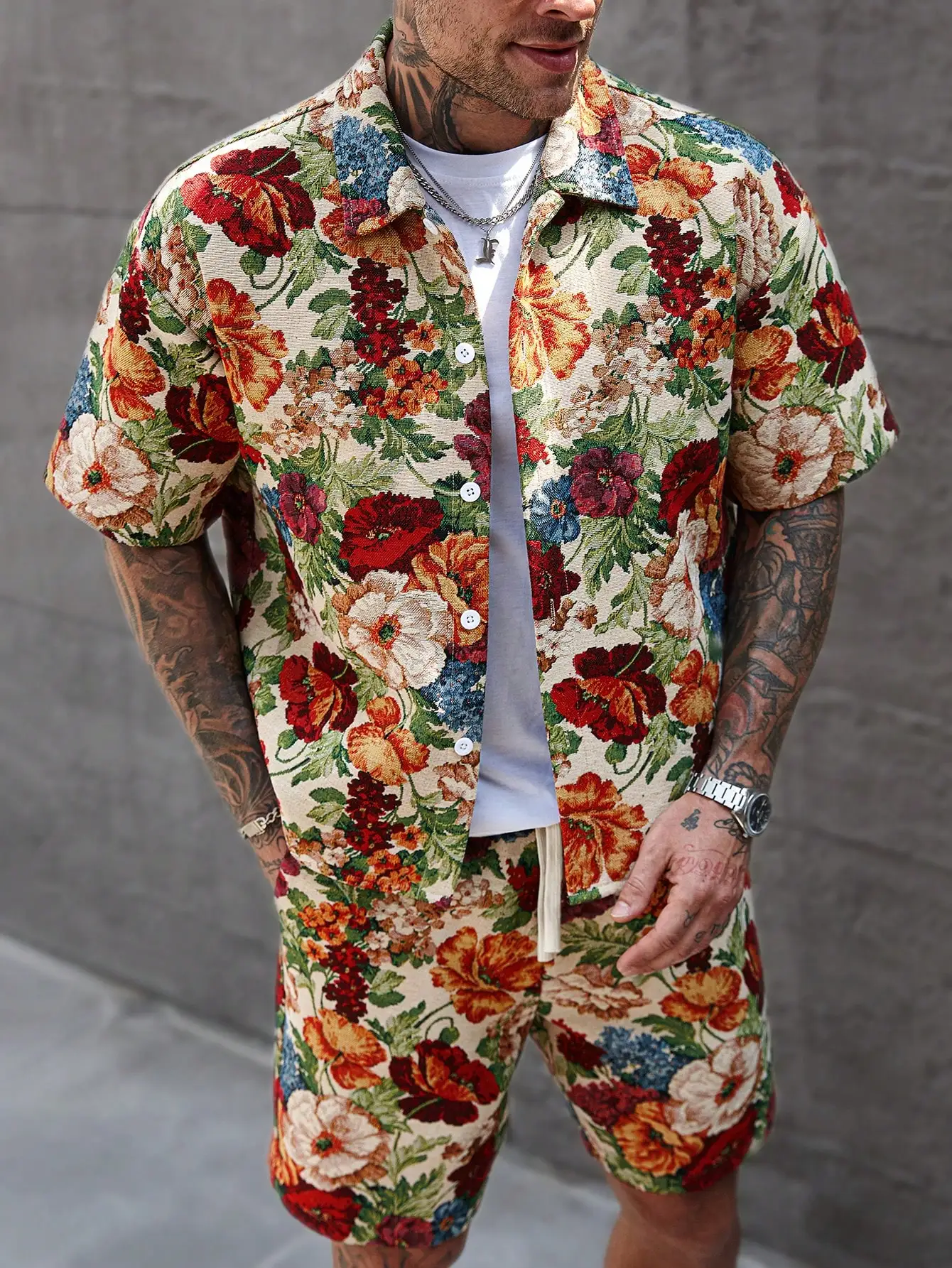 

Mens Vintage Floral Jacquard Two-Piece Set: Button-Up Short Sleeve Shirt And Shorts For Summer Casual Wear
