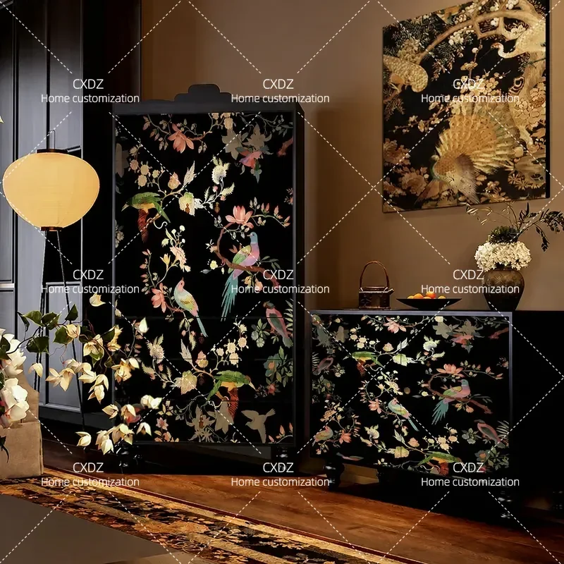 Medieval Chinese Flower and Bird Wardrobe Solid Wood Vertical Cabinet for Living Room Porch Multi-functional Storage Locker