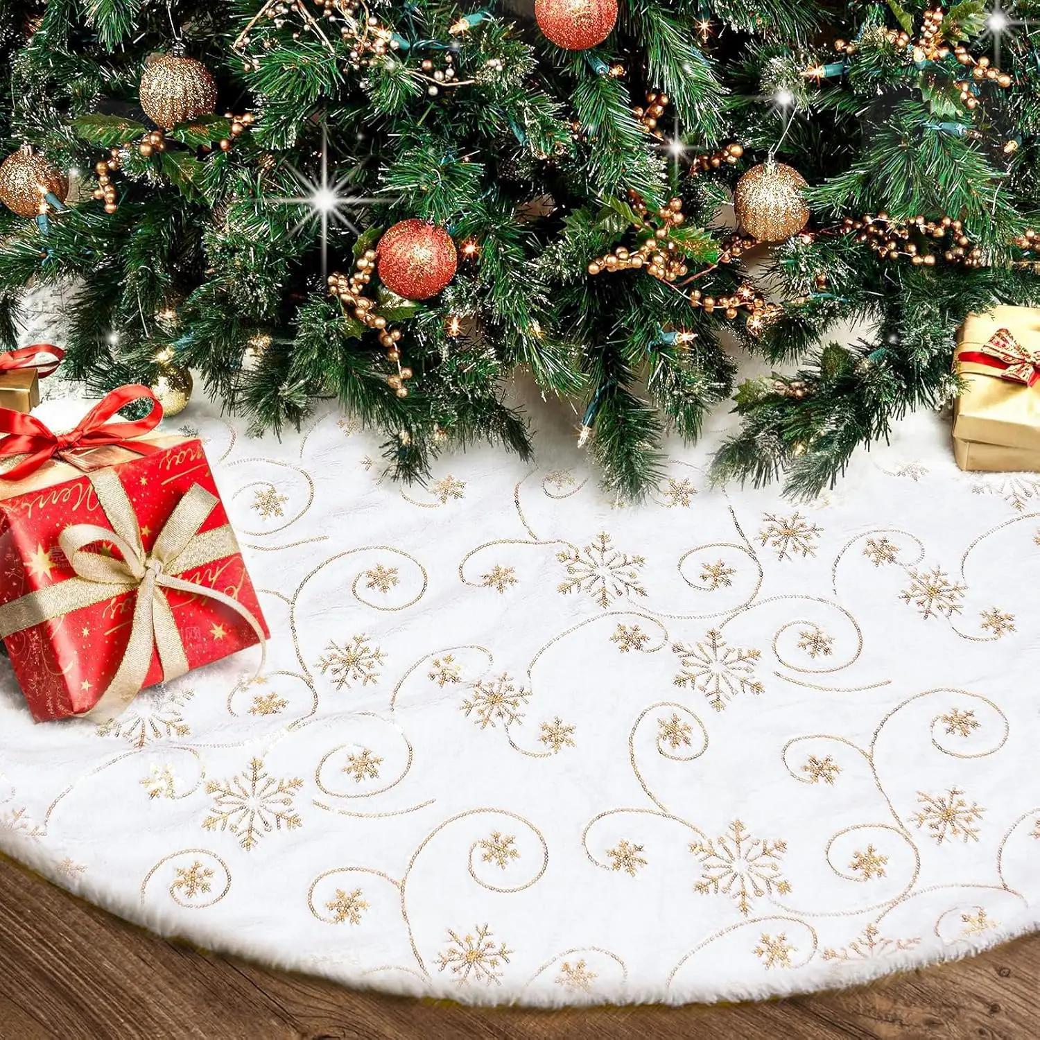 Kerstboommat rond pluche met gouden sneeuwland wit 122 cm - Kerstboomkleed, hoes voor kerstboomstandaard, vakantiehuisdecoratie, pluche kerstkleed, kerstboomkleed, kerstversieringen