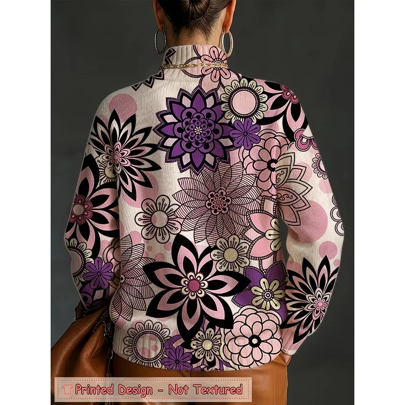 High Quality Women Turtleneck Knit Sweater Purple Floral Print Long Sleeve Warm Autumn Winter Casual Fashion Jumper Top Wear