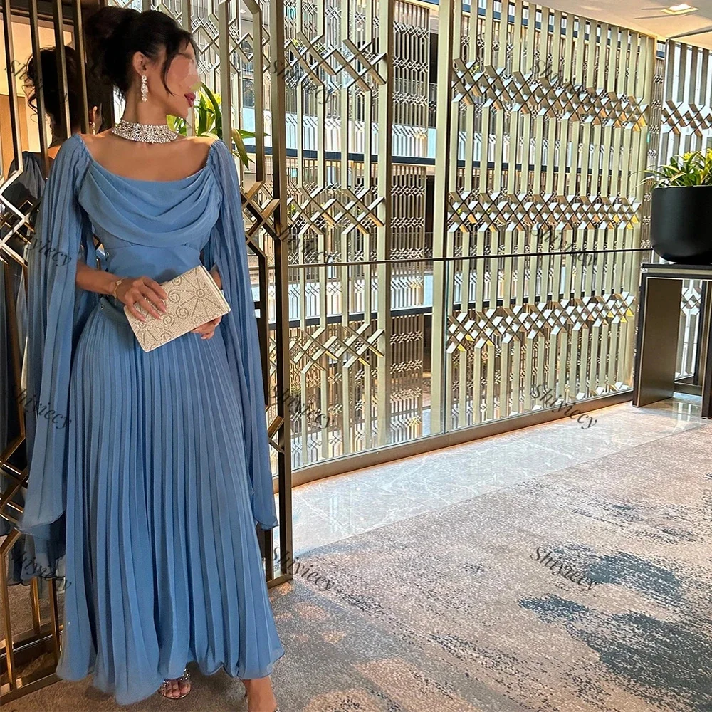 فساتين سهرة أنيقة بطيات وأكمام طويلة 2025 بياقة مربعة وكشكشة على شكل حرف a لحفلات الزفاف مع حزام عادي فيستدوس دي فييستا