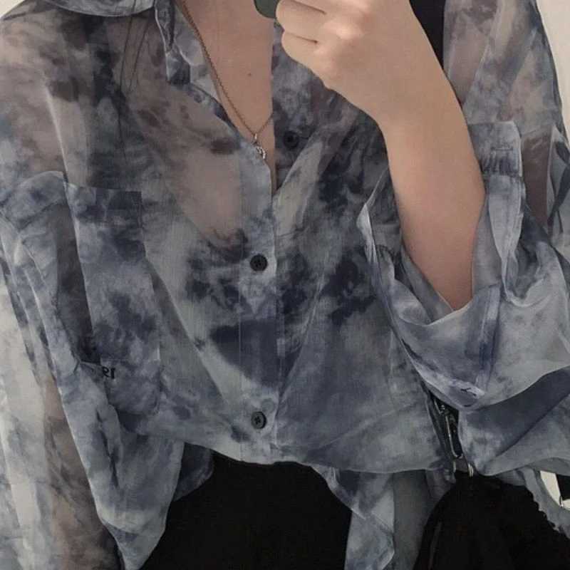 Vintage Shirt Women Harajuku Tie Dye Print Korean Loose Casual Chiffon Blouse Autumn Holiday Transparent Gothic Hippie Top