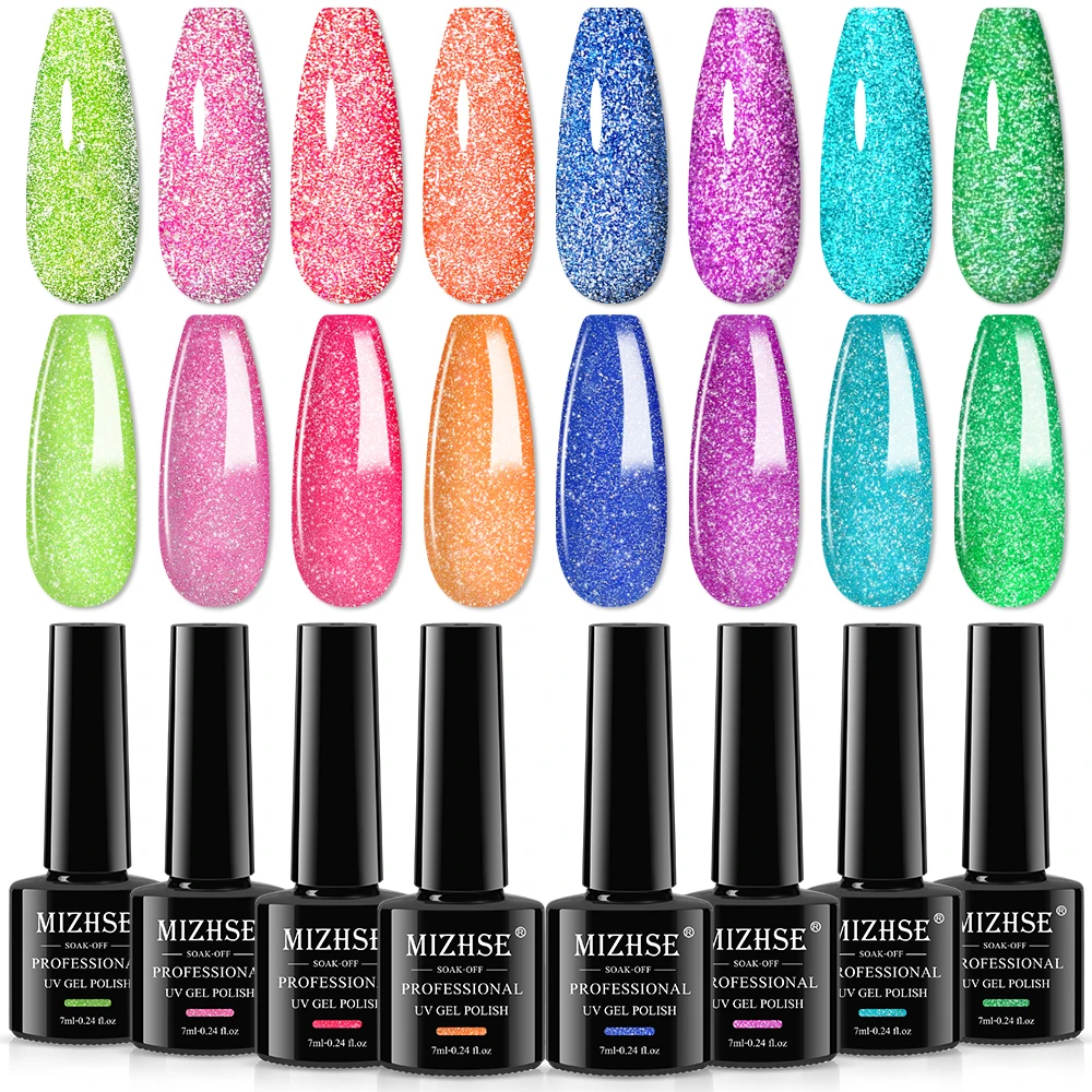 

MIZHSE 7ML Neon Reflective Gel Nail Polish Fluorescent Glitter Sparkling Gel Semi Permanent UV Gel For Nail Art Varnish Manicure