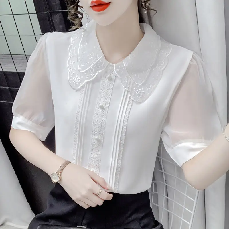 Fashion Women\'s Chiffon Shirt Summer Wild Short Sleeve Gauze Pullovers Elegant Women Slim White Urban Office Wear Blouses 2022