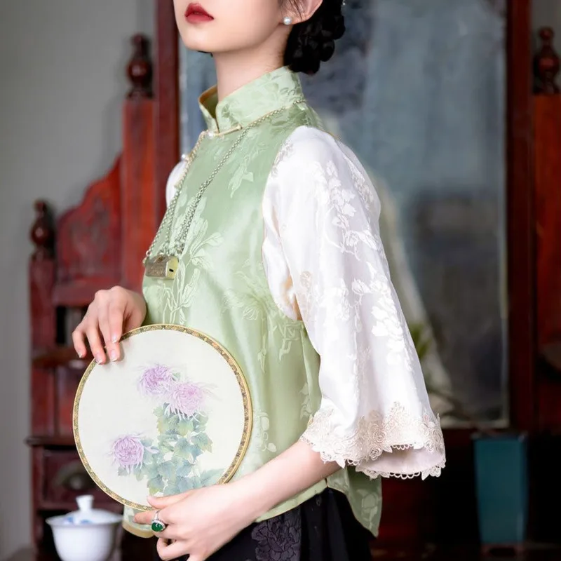 

Autumn Traditional Chinese National Clothes Women Vintage Sweet Satin 3/4 Sleeve Shirt Top Improved Chinoiserie Top Daily Blouse