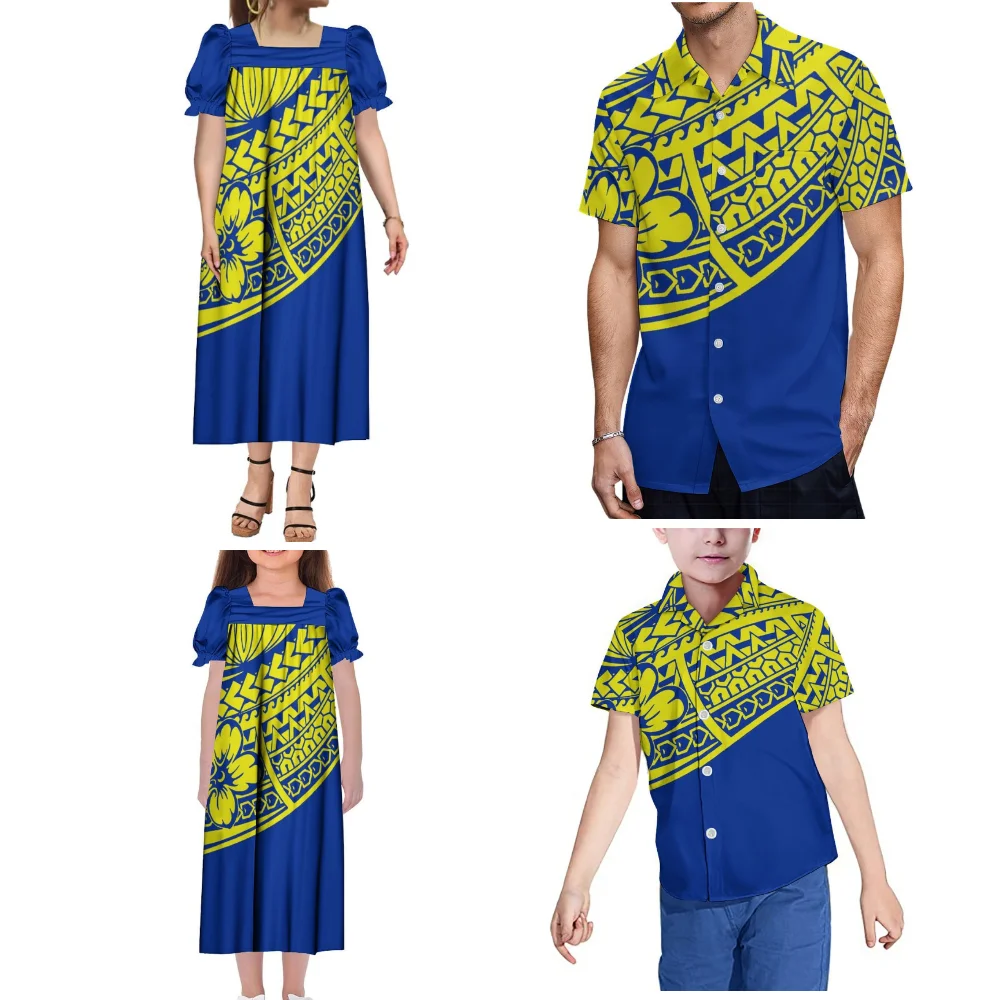 

Microsia Custom Island Family Clothing Women Mumu Square Neck Elegant Dress Girls Dress Men Shirt Boys Shirt Polynesian Print