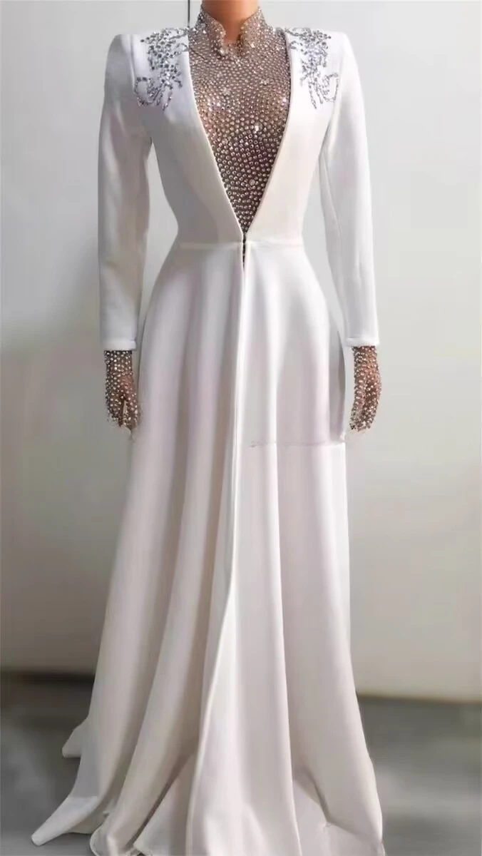우아한 크리스탈 공주 웨딩 드레스 화이트 반짝이 웨딩 파티 투피스 긴 소매 Vestidos De Mujer Elegantes Para Fiesta