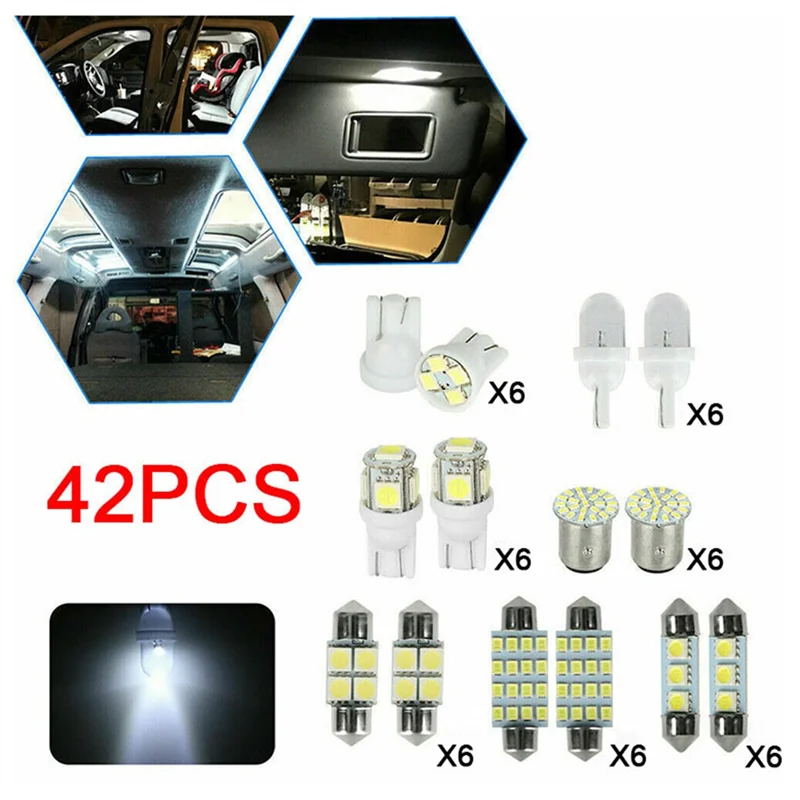 Kit di illuminazione interna a LED SMD da 42 pezzi T10 6000K Pacchetto di sostituzione targa cupola targa/luce di lettura-[Qahk]
