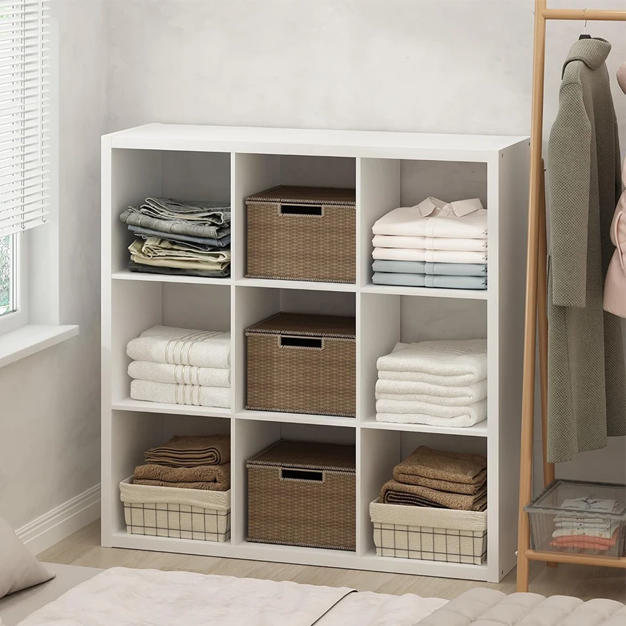 2026 Wooden Thick Frame 9 Cube Storage Organizer Shelf with Anti-Tipping Kits + Reversible Open Back Bookcase, Horizontal and Vertical Dual-use（White,11inch）