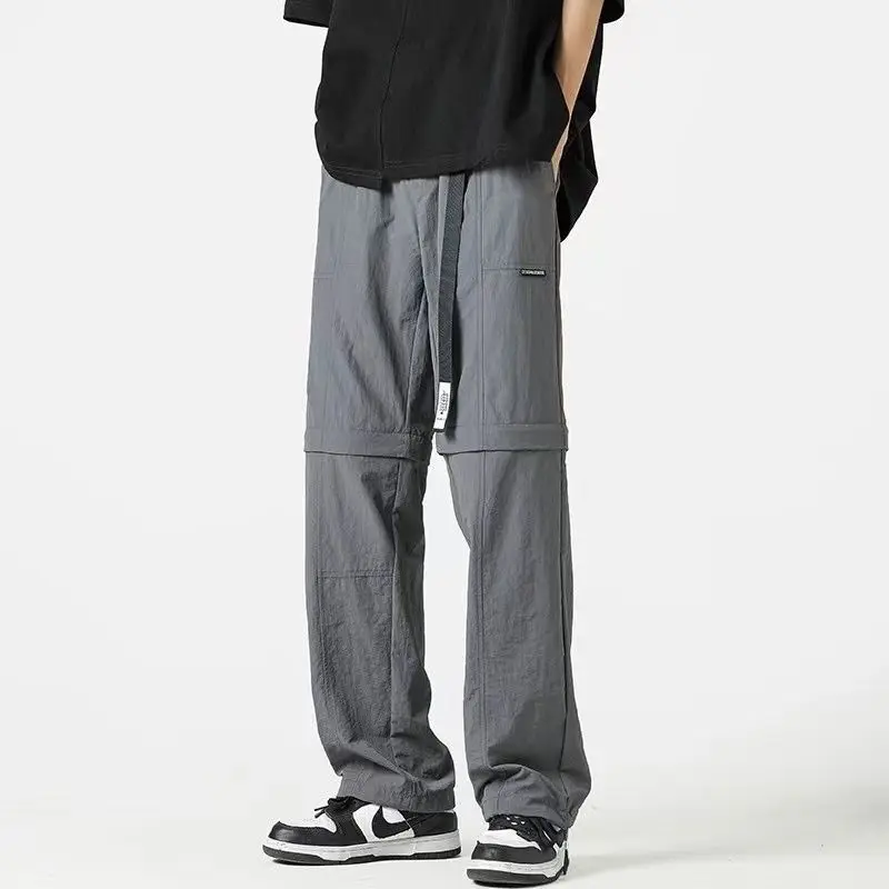 Straight Trousers Detachable Summer New Men's Patchwork Zipper Elastic Drawstring Pockets Fashion Loose Casual Two in One Pants