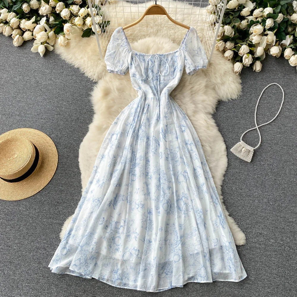 Vestido de Verano con Estampado Floral, Cuello Cuad, Estilo Retro, Cintura Ajustada, Manga Corta, Línea A, para Mujeres J...