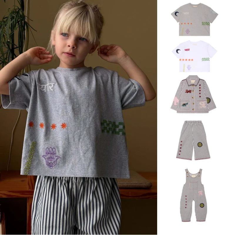 

Children's T-shirt Top 2026 Summer New Cartoon Fashion Boys and Girls Embroidered Jacket Wide Leg Pants Cotton Cute Strap Pants