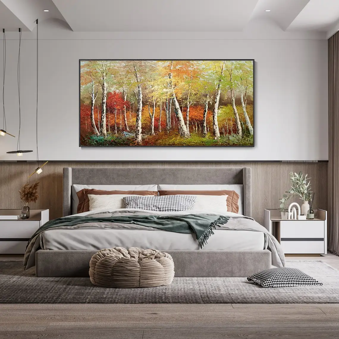 Birch Forest Scenery Hand Knife Painting Boho Woodland Plant Texture Art Retro Landscape Canvas Hand Oil Painting Tree Wall Art