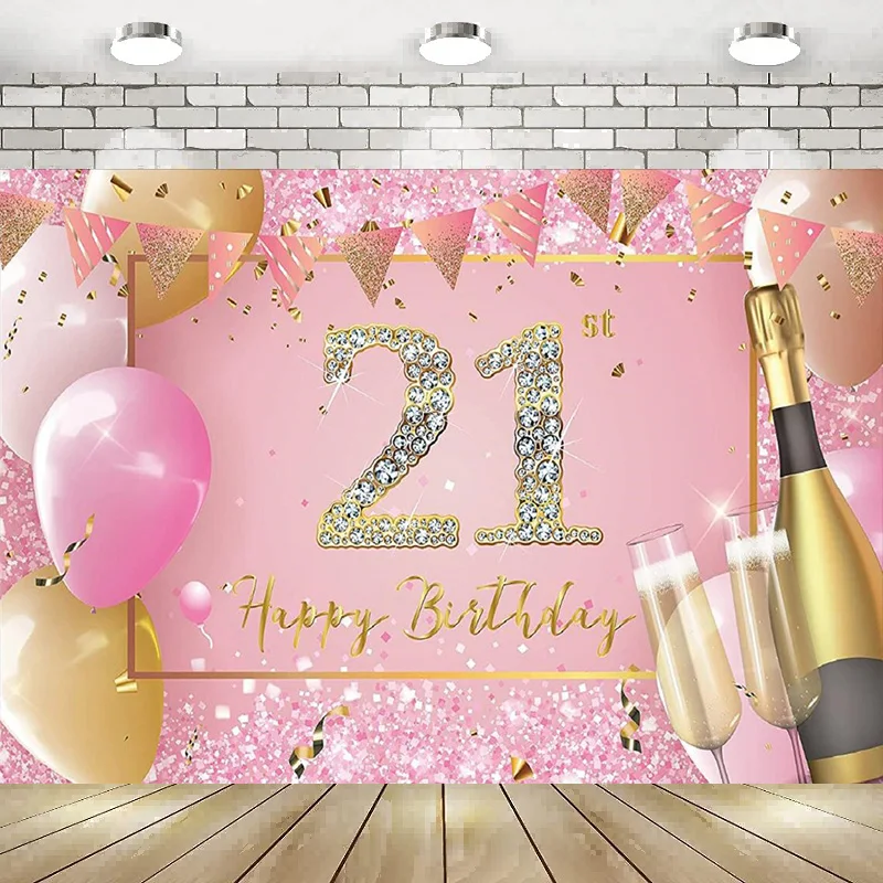 

21st Birthday Banner Photography Backdrop Party Decorations Pink Gold Background Poster Balloon Gift Lover