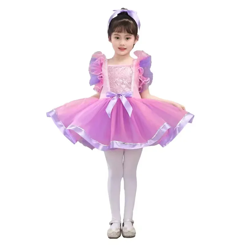 女の子子供モダンダンスドレス子供スパンコールグリーンピンクタゲパフォーマンス衣装スターダンス衣装女の子子供