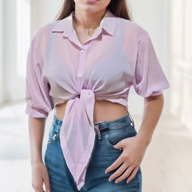 Casual Loose Hollow White Clothes Elegant Solid Color Tied Waist Blouse Women Summer Bat Half Sleeve Button Chiffon Shirt 9776