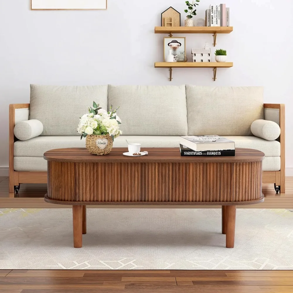 طاولة قهوة قابلة للرفع على شكل فتحة مع حجرات مخفية، وطاولة مركزية خشبية مجمعة بالكامل، ومصعد بيضاوي حديث #6