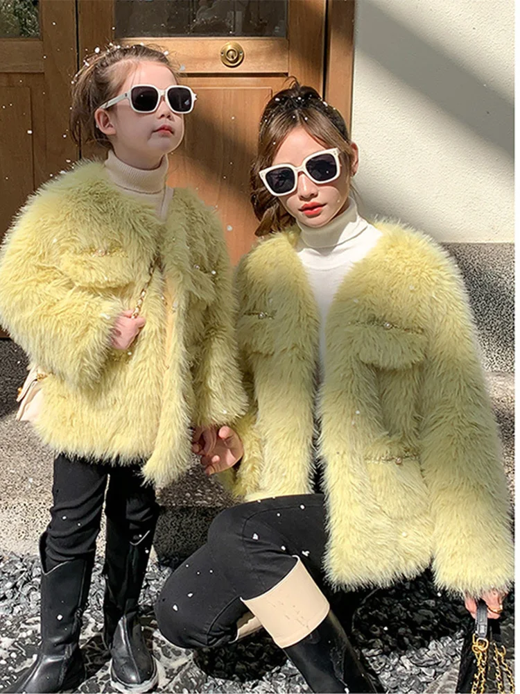 Mother-and-daughter Wear New Style Girls Autumn and Winter Dress Imitation Fur Girl Chic Korean Version of The Fashion Coat